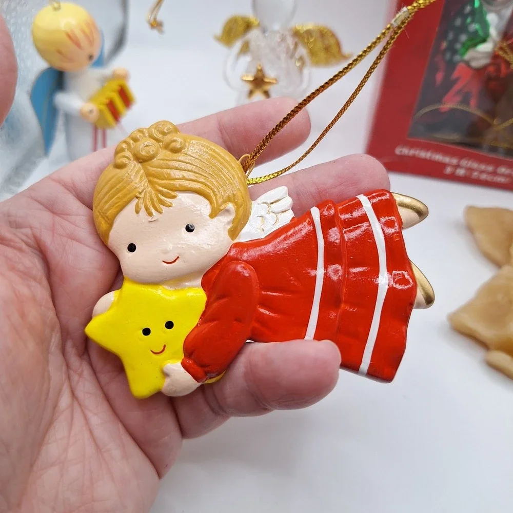 Lot of 5 Angel Theme Christmas Ornaments Vintage Wax Wood‎ & Glass